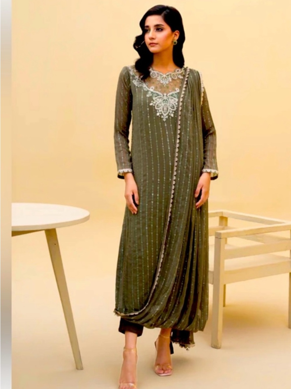 Olive Green Embroidered Women’s Draped Dress